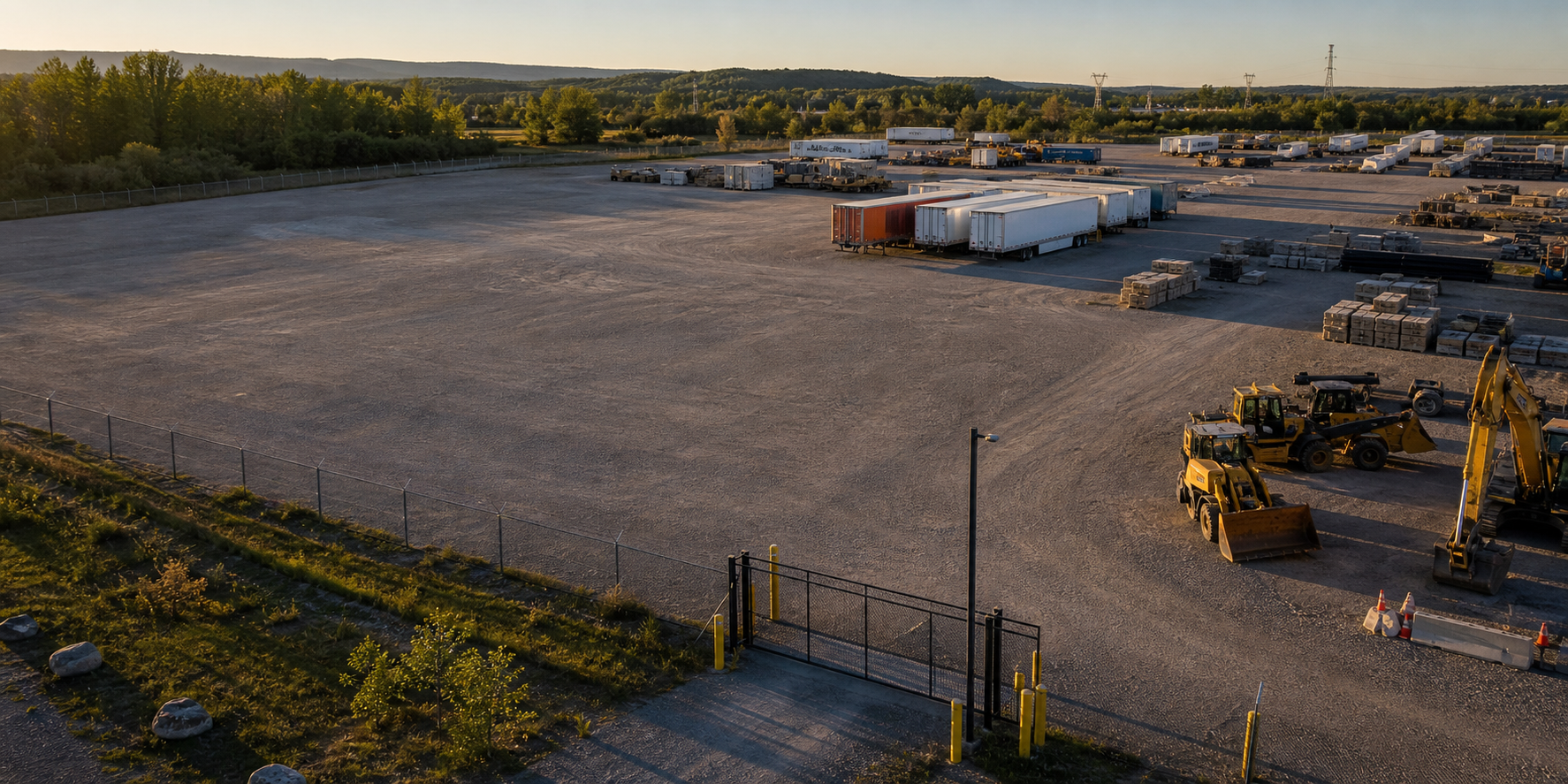 Outdoor industrial storage yard with trailers and equipment